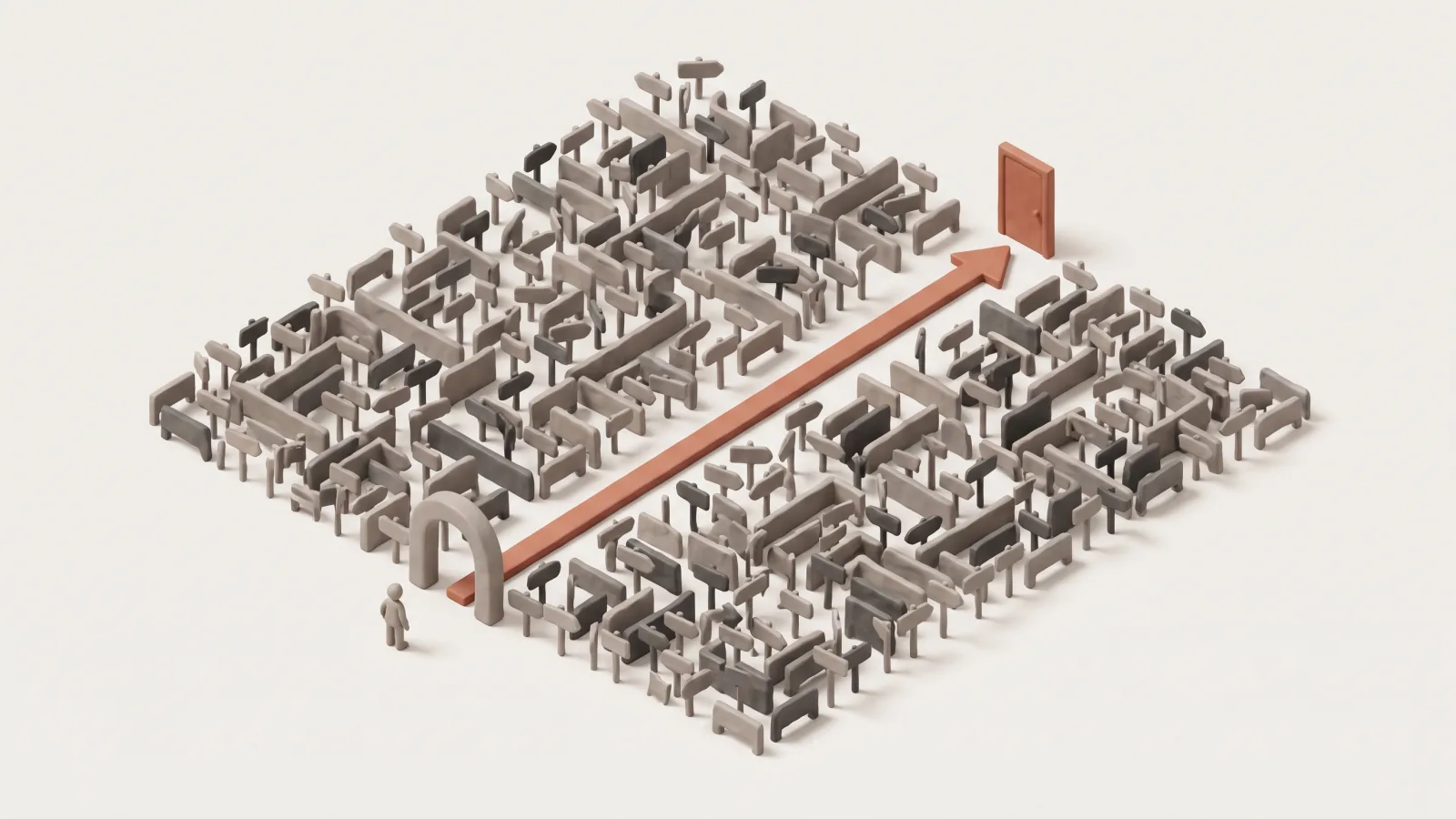 A maze of thousands of signposts with one direct path to the right door